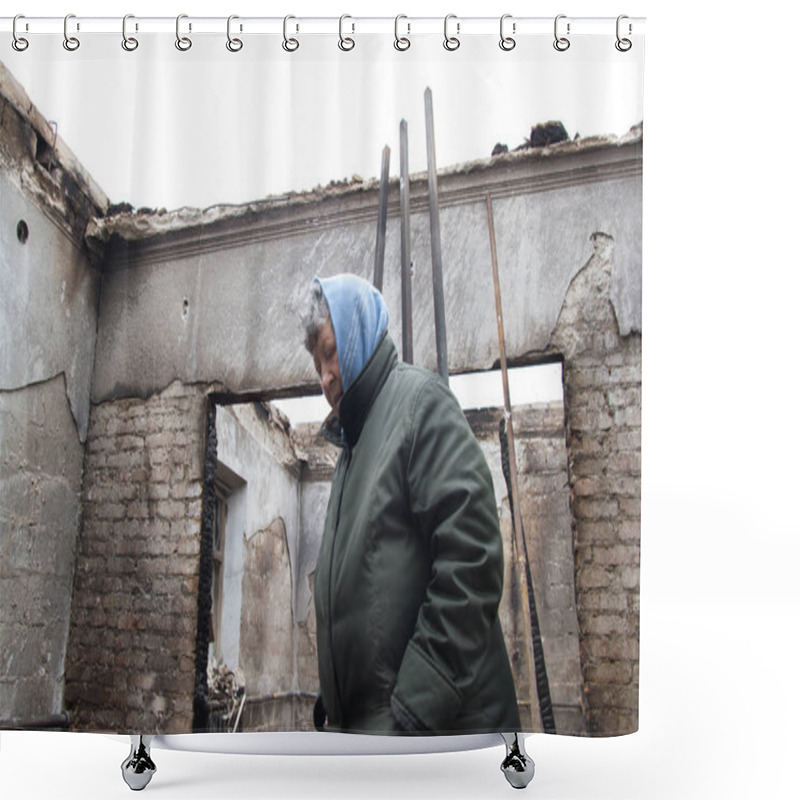 Personality  MARIUPOL, UKRAINE JANUARY 25, 2016: Woman Stands In His House Destroyed By A A Mortar Shower Curtains