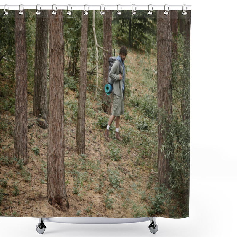 Personality  Young Curly Indian Hiker With Backpack Walking Between Trees In Forest Shower Curtains