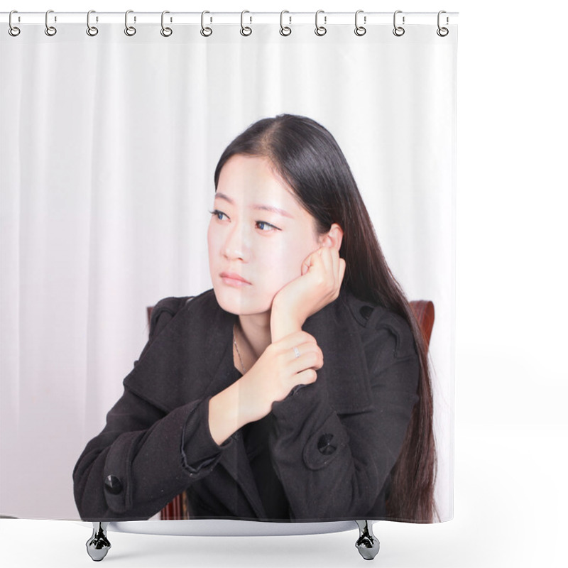 Personality  An Oriental Woman Wearing Black Casual Sitting At Desk Pondering Shower Curtains