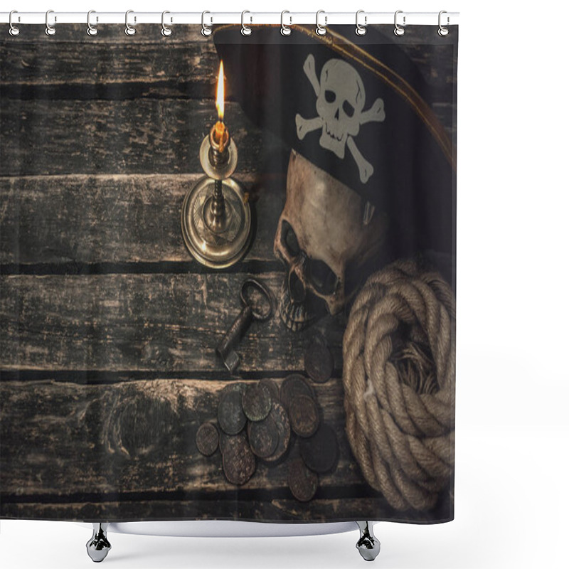 Personality  Pirate Captain Table With Pirate Hat, Human Skull, Treasure Coins, Mooring Rope, Burning Candle And The Key From Treasure Chest. Treasure Hunter Concept Background. Shower Curtains