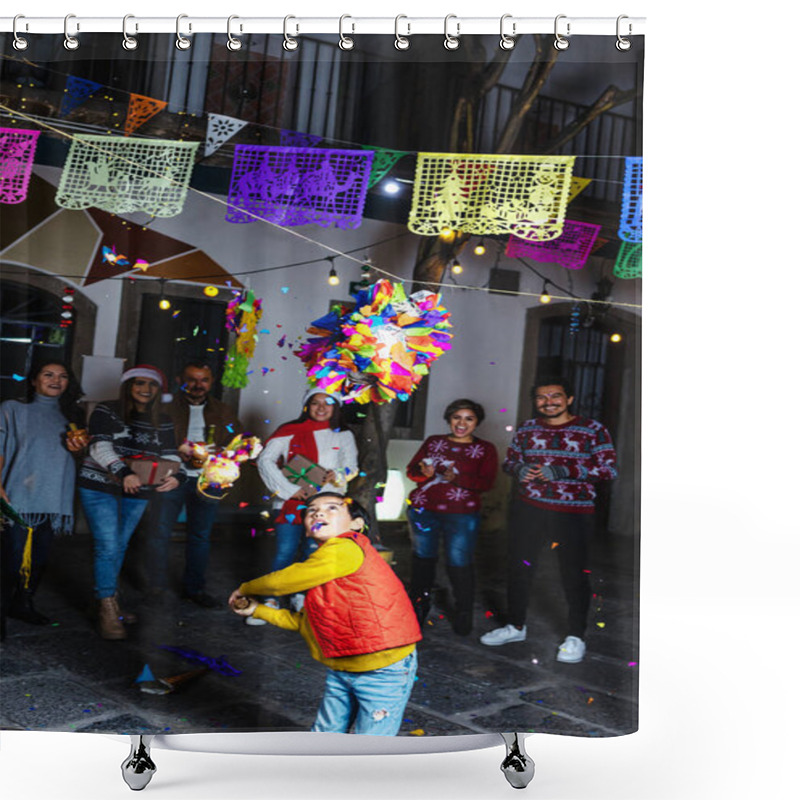 Personality  Mexican Child Breaking A Pinata At Traditional Posada Celebration For Christmas In Mexico Latin America, Hispanic Family Shower Curtains