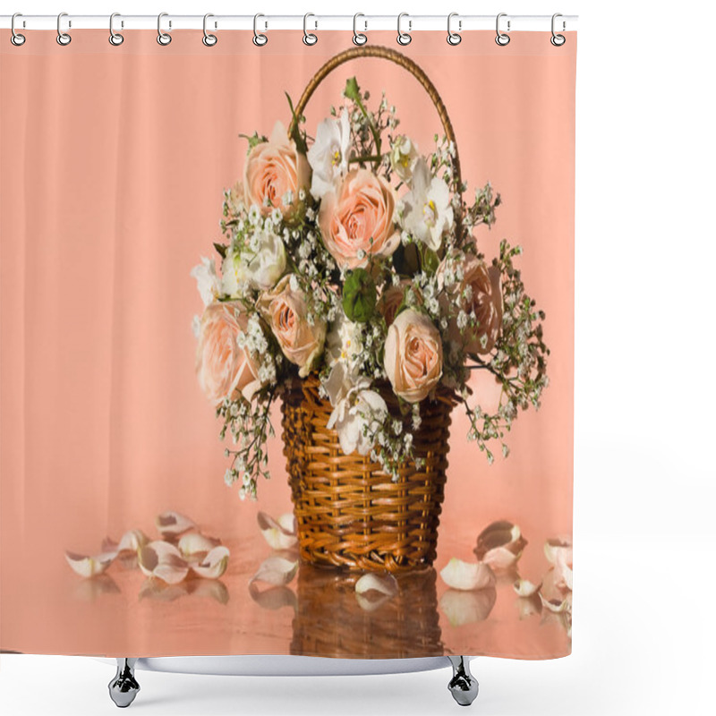 Personality  Delicate Pink Roses And Violets In The Basket Shower Curtains