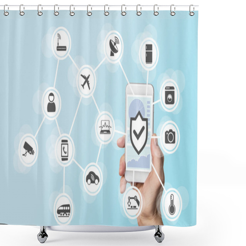 Personality  Internet Of Things Security Concept With Hand Holding Modern Smart Phone To Control Intruders Into A Network Of Objects Shower Curtains