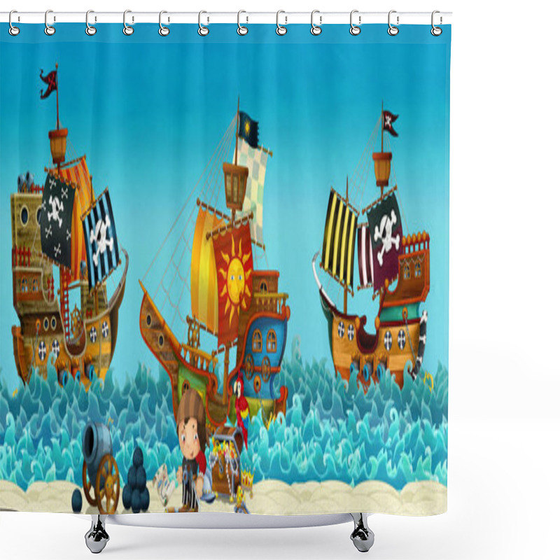 Personality  Cartoon Scene Of Beach Near The Sea Or Ocean - Pirate Captain On The Shore And Treasure Chest - Pirate Ships - Illustration For Children Shower Curtains