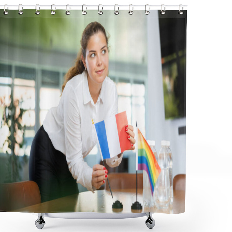 Personality  Young Woman In Business Clothes Puts Flags Of France And LGBT On Negotiating Table In Office Shower Curtains