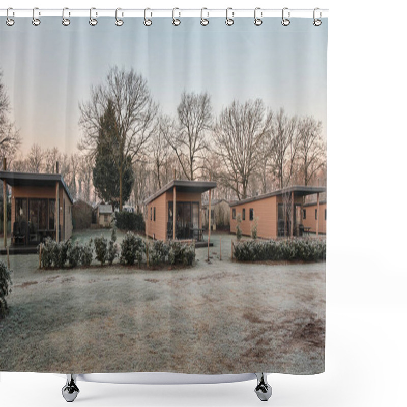 Personality  February 2, 2025 - Echten, Drenthe, Netherlands: Modern Wooden Holiday Lodges At De Westerbergen Holiday Park On A Cold Winter Morning With Frost-covered Grass. Shower Curtains