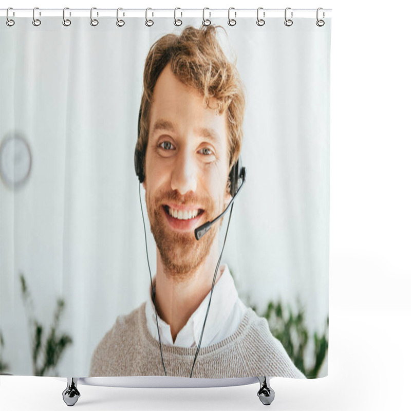 Personality  Cheerful Bearded Operator In Brokers Agency Looking At Camera Shower Curtains