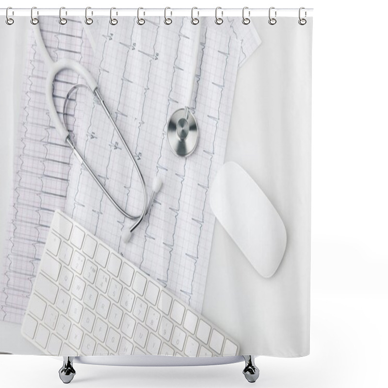 Personality  Stethoscope, Keyboard And Computer Mouse Laying On Paper With Cardiogram Isolated On White Background      Shower Curtains