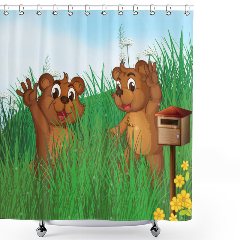 Personality  Two Young Bears Near A Wooden Mailbox Shower Curtains