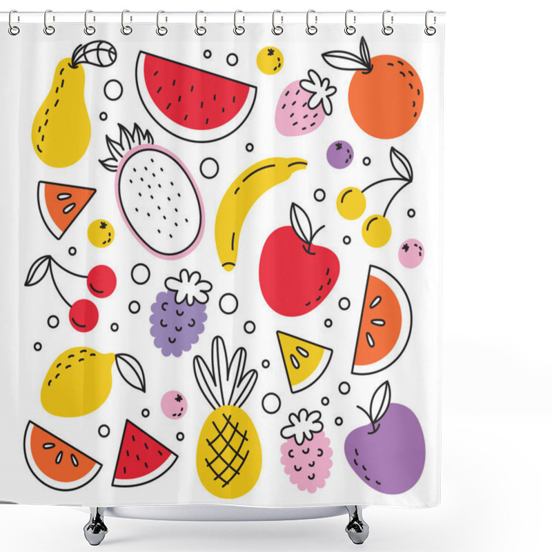 Personality  A Set Of Illustrations Of Tropical Exotic Fruits In The Style Of Doodle, Cartoon. Citrus Fruits, Berries. Isolated On A White Background. Shower Curtains