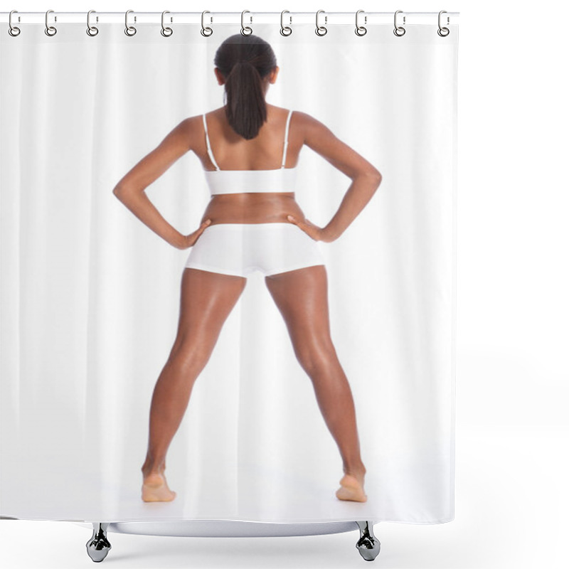 Personality  Rear view of fit healthy african american woman shower curtains