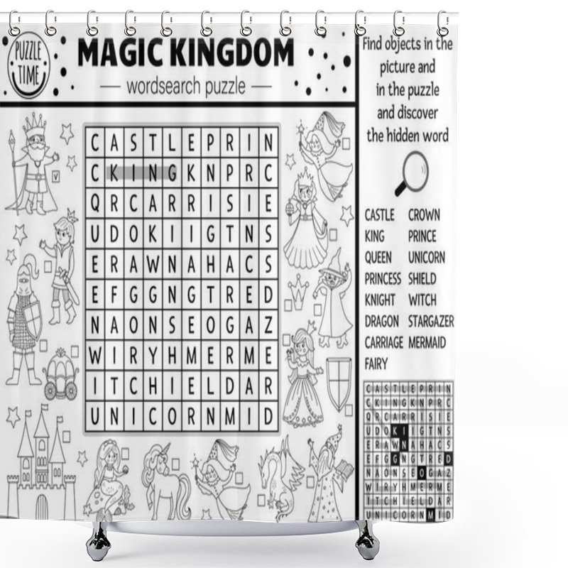 Personality  Vector Black And White Fairytale Wordsearch Puzzle For Kids. Simple Magic Kingdom Crossword With Fantasy Creatures. Coloring Page Activity With Castle, Princess, Unicorn. Fairy Tale Cross Wor Shower Curtains