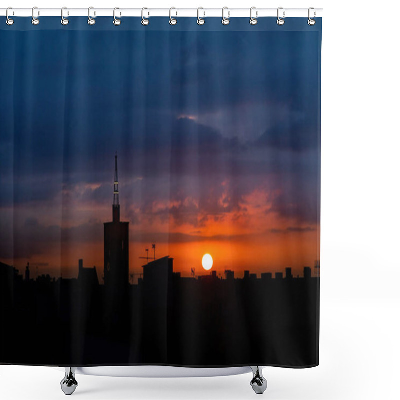 Personality  Sun Rising Above The City, Roof Top View Of An Old Church Tower. Shower Curtains