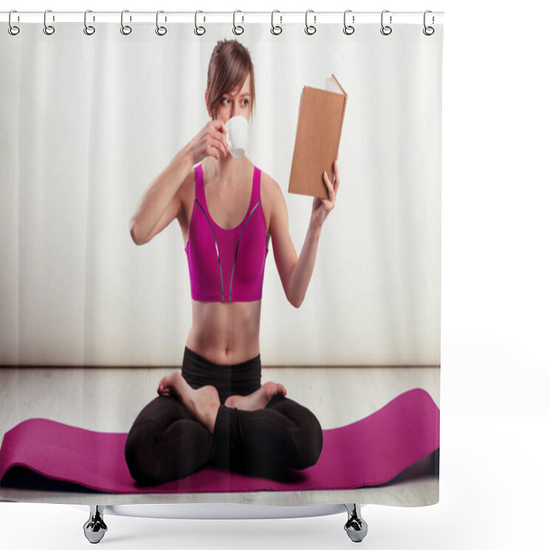 Personality  Healthy Living - Woman Meditating. Fitness Woman Practicing Yoga In Home Relax Reading A Book And Drinking Coffee. Enjoying Peace And Serenity In Lotus Pose Shower Curtains