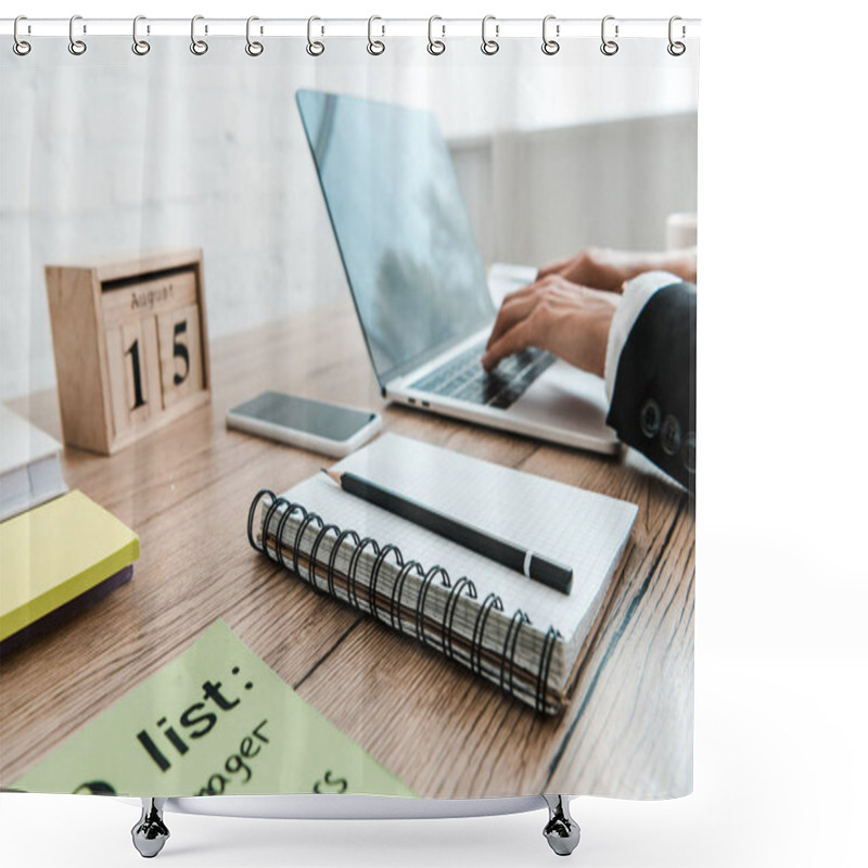 Personality  Selective Focus Of Woman Typing On Laptop Near Notebook And Wooden Cubes  Shower Curtains