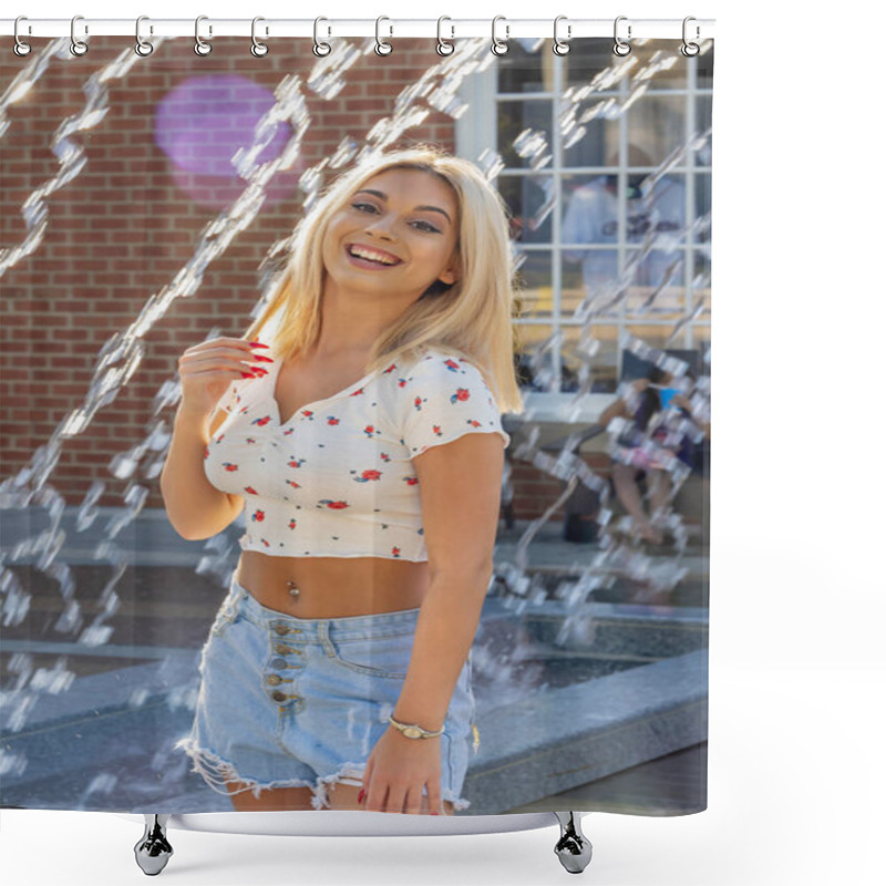 Personality  A Beautiful Young Woman Strolls Through Her Quaint Small Town, Basking In The Warmth Of Spring. Surrounded By Blooming Flowers And Fresh Air, She Radiates Joy, Enjoying The Peaceful Solitude. Shower Curtains