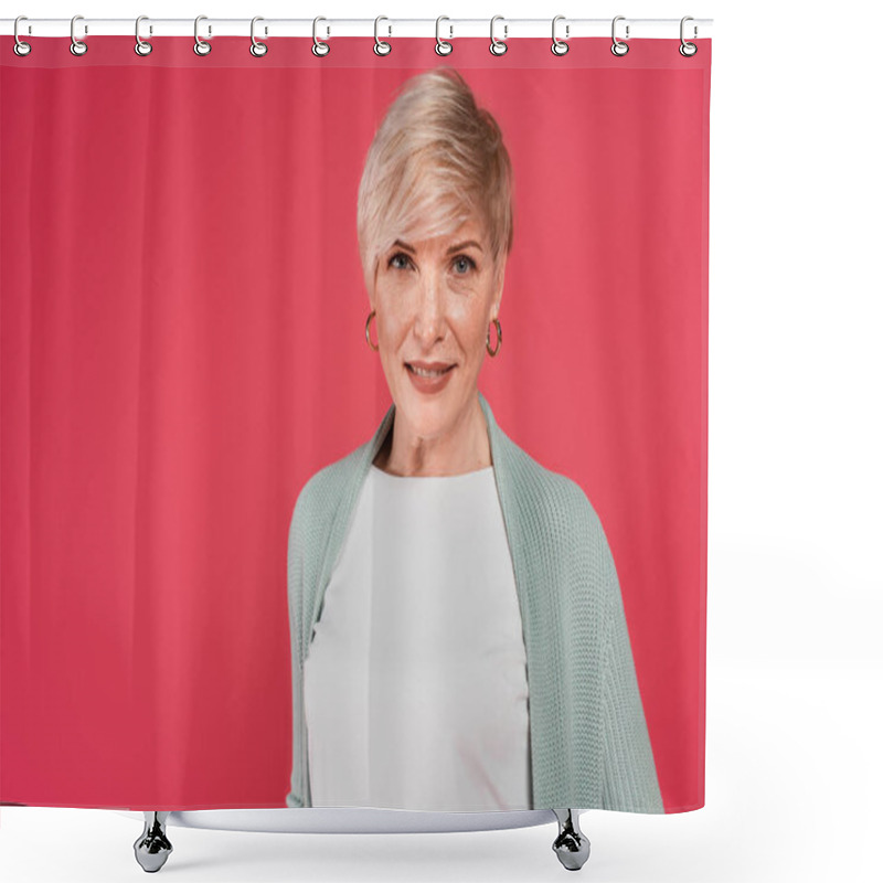 Personality  Ash-blonde, Middle Aged Woman Smiling At Camera Isolated On Pink Shower Curtains