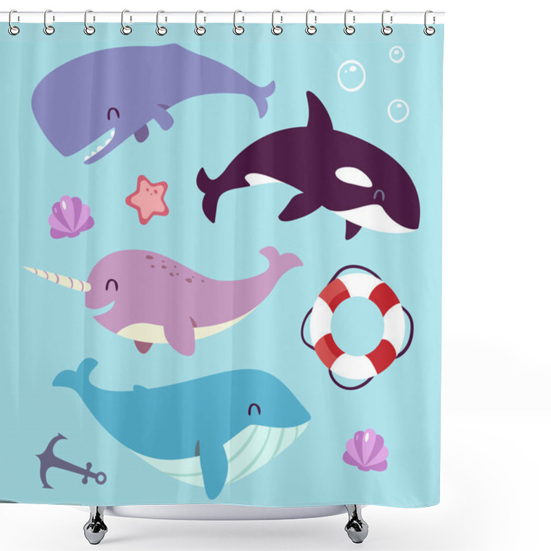 Personality  Vector Blue Whale, Sperm Whale, Narwhal And Killer Whale Set Shower Curtains