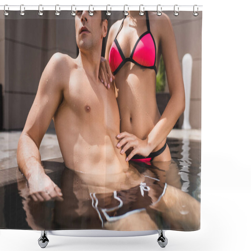 Personality  Cropped View Of Woman In Swimwear Touching Man In Swimming Pool Shower Curtains