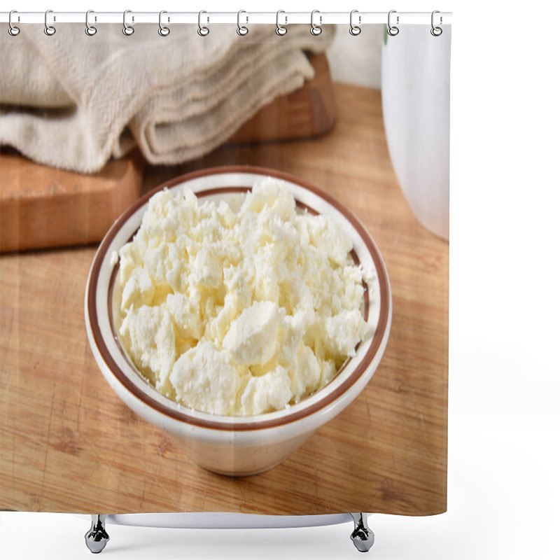 Personality  A Bowl Of Crumbled Feta Cheese On A Cutting Board Shower Curtains