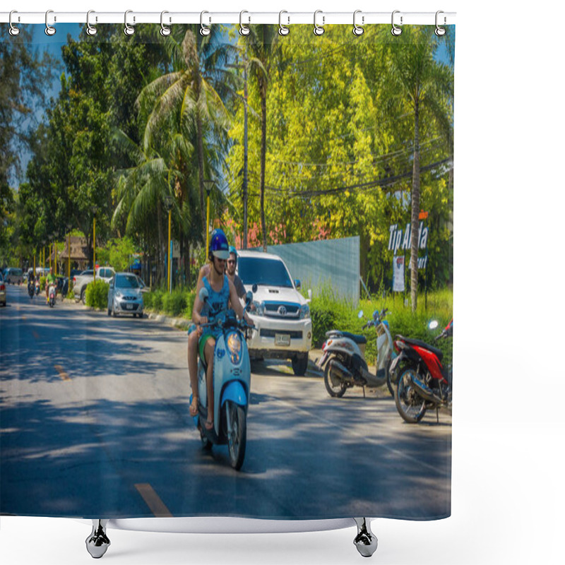 Personality  AO NANG, THAILAND - MARCH 05, 2018: Outdoor View Of Unidentified Man Riding A Motorcycle In The Streets Close To Local Shops At Ao Nang Beach Front Market Shower Curtains