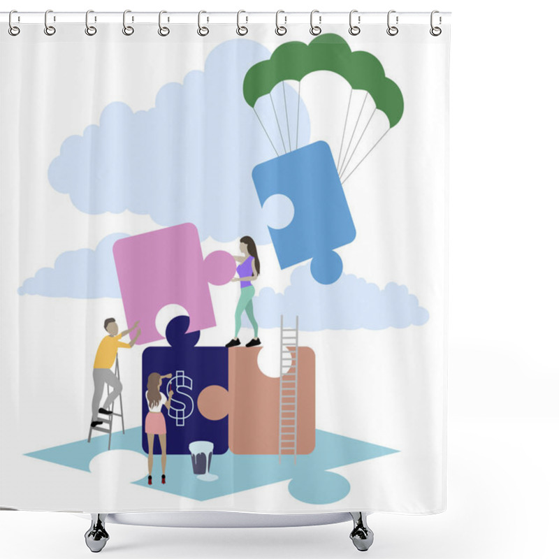 Personality  Team Building Puzzle Project. Vector Connected Puzzle, Business Systems Thinking, Puzzle Team Buisiness, Common Project Problems, People Working Collaboratively, Sharing Puzzle Illustration Shower Curtains