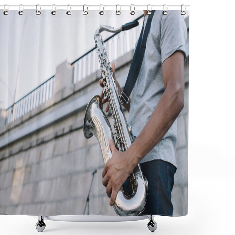 Personality  Cropped View Of African American Man Playing Saxophone Performing On Sunny City Street Shower Curtains