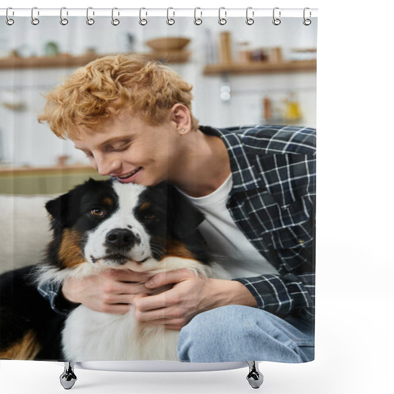 Personality  A Cheerful Young Man With Red Hair Shares A Tender Moment With His Australian Shepherd At Home. Shower Curtains