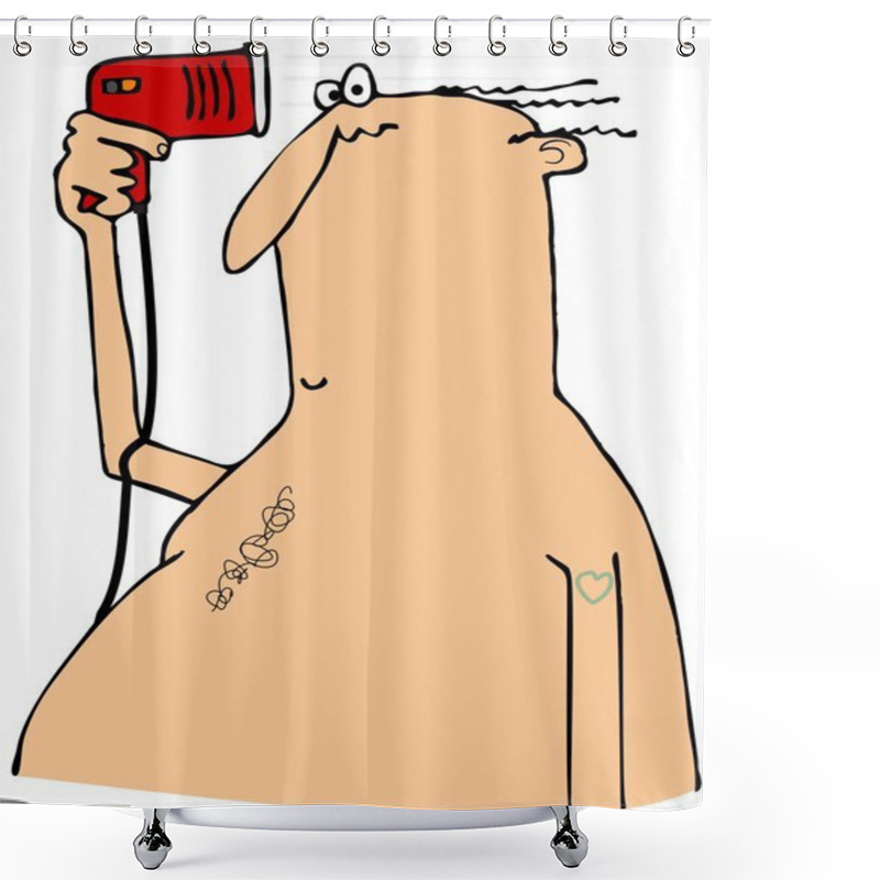 Personality  Bald Man Blow Drying His Hair Shower Curtains