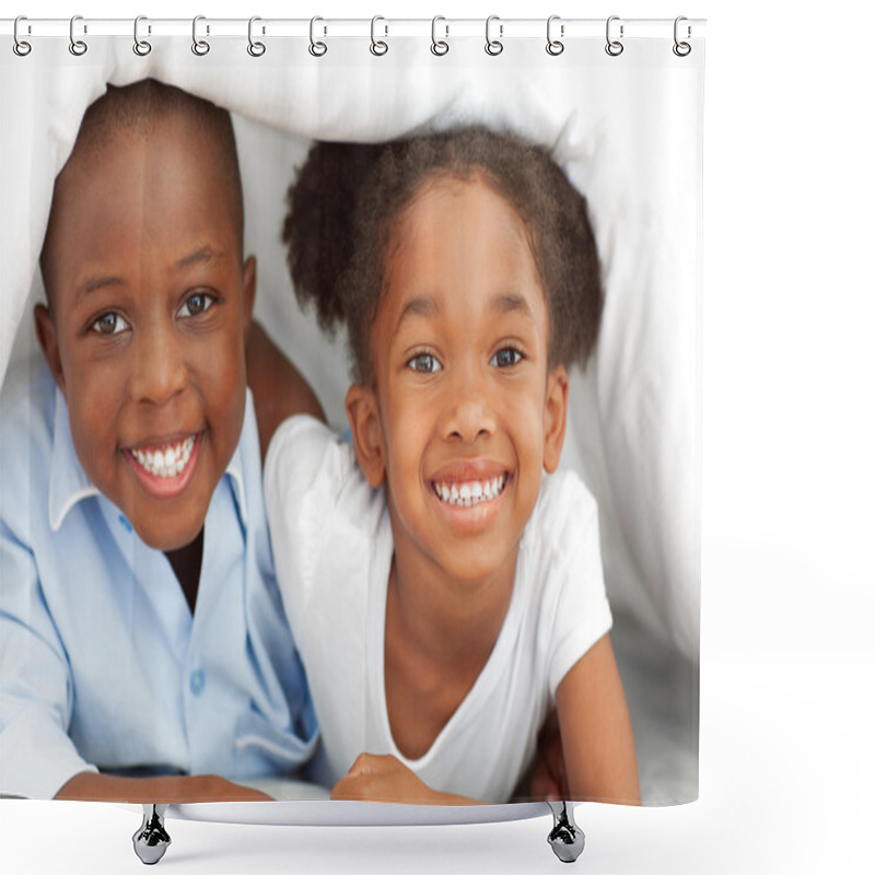 Personality  Portrait Of Ethnic Siblings Lying Down On Bed Shower Curtains