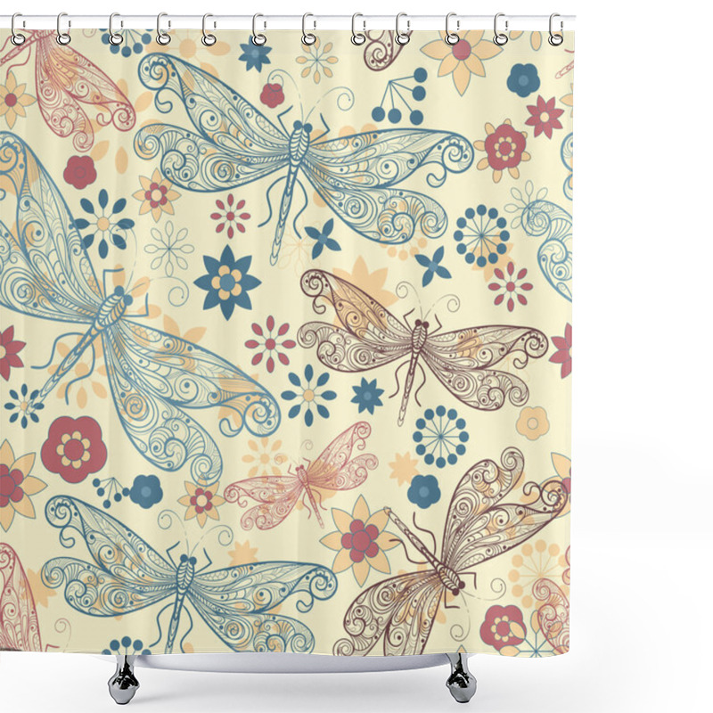 Personality  Vector Seamless Pattern With Dragonflies And Flowers Shower Curtains