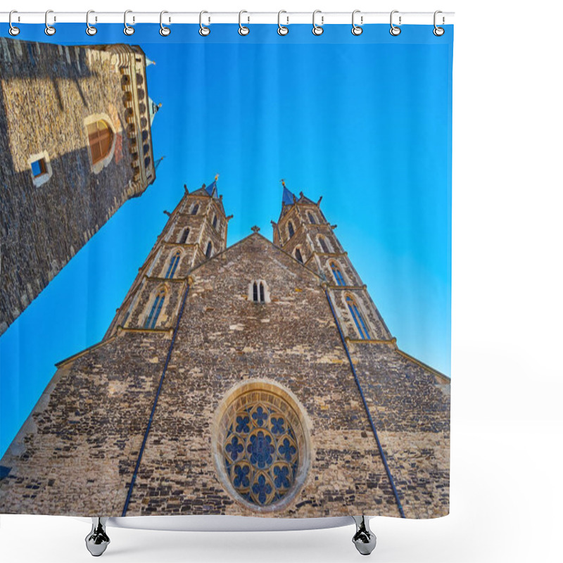 Personality  The Stained-glass Rose Window On The Stone Facade Wall Of St Bartholomew Parish Church, Kolin, Czech Republic Shower Curtains