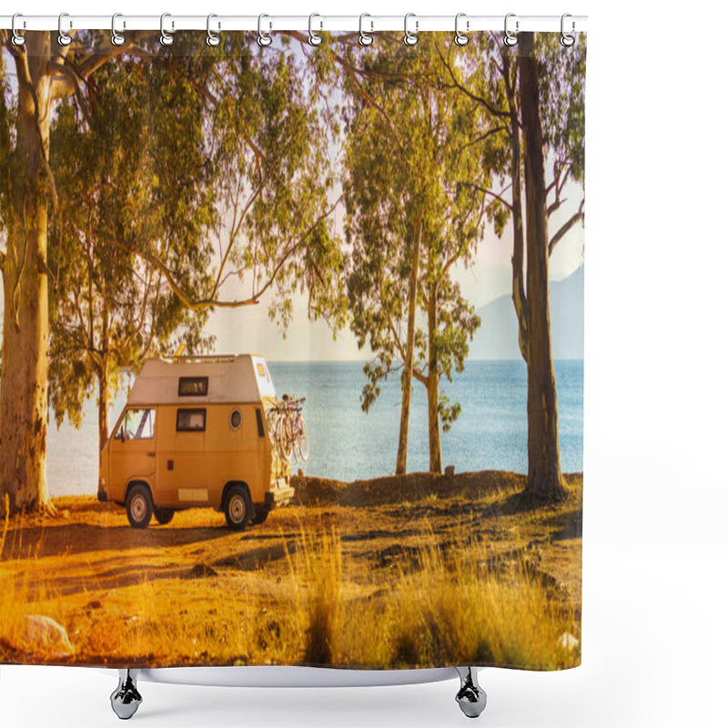 Personality  Tourism Vacation And Travel. Camper Van On Beach Seashore In Greece Shower Curtains