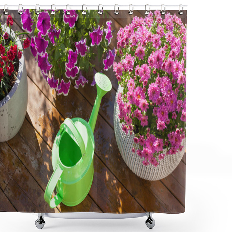 Personality  Beautiful Summer Flowers In Flowerpots In Garden. Chrysanthemum, Petunia, Watering Can Shower Curtains