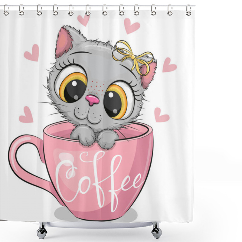 Personality  Cute Cartoon Kitten With A Bow Is Sitting In A Cup Of Coffee Shower Curtains