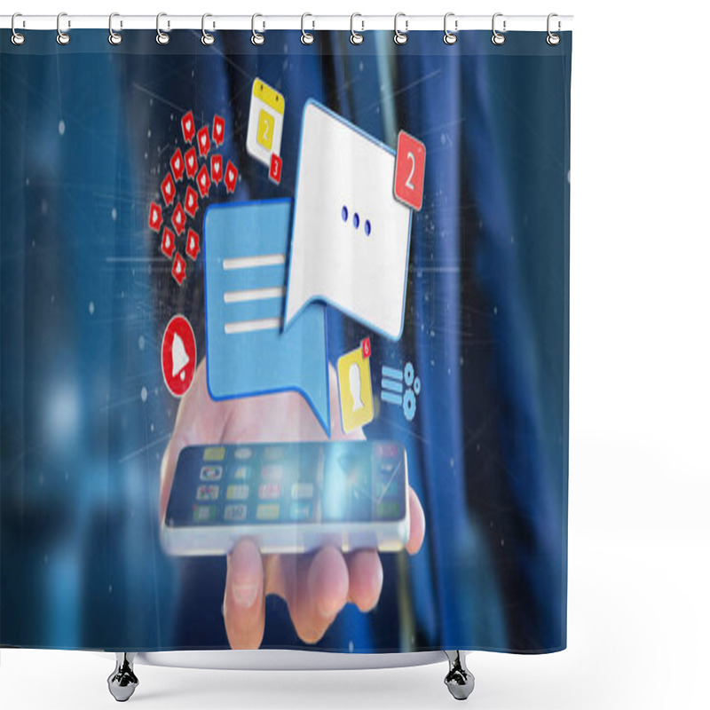 Personality  View Of A Businessman Holding Message And Notifications Of Social Media 3d Rendering Shower Curtains