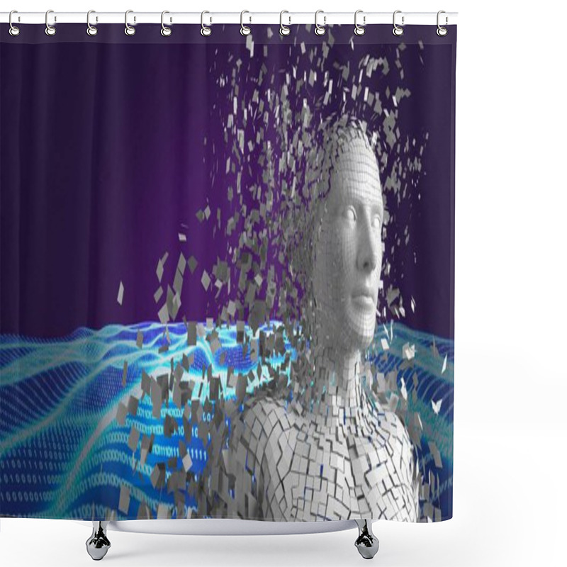 Personality  Composition Of Exploding Human Bust Formed With White Particles And Binary Coding. Global Science, Technology And Data Processing Concept Digitally Generated Image. Shower Curtains