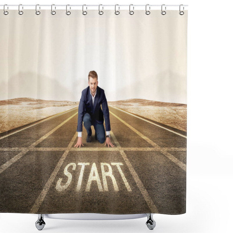 Personality  Businessman Kneeling In Ready Position Shower Curtains