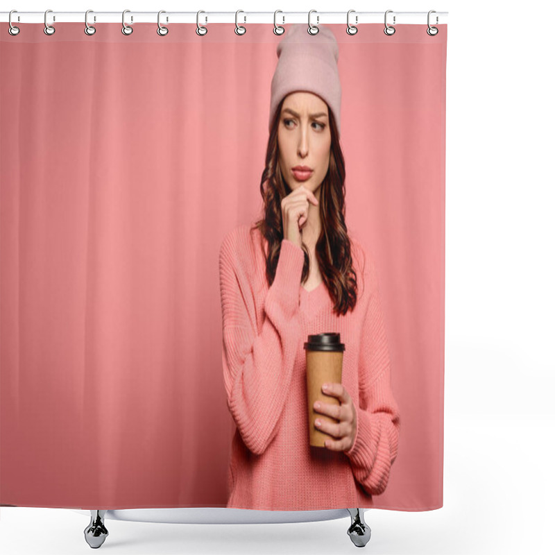 Personality  Thoughtful Girl Looking Away And Touching Chin While Holding Cofee To Go On Pink Background Shower Curtains