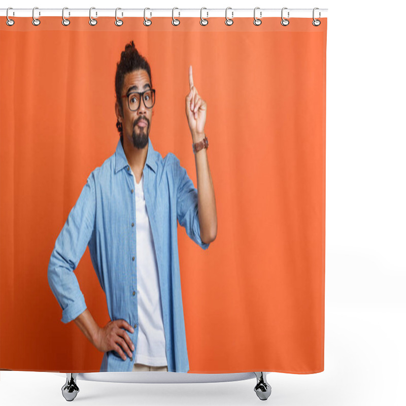 Personality  Young Serious African American Man In Casual Clothes Pointing Up At Copy Space With Forefinger Shower Curtains