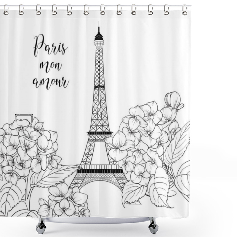 Personality  Eiffel Tower Icon With Spring Blooming Flowers Over Old Paper Background With Sign Tour Eiffel. Wedding Romantic Card. Shower Curtains