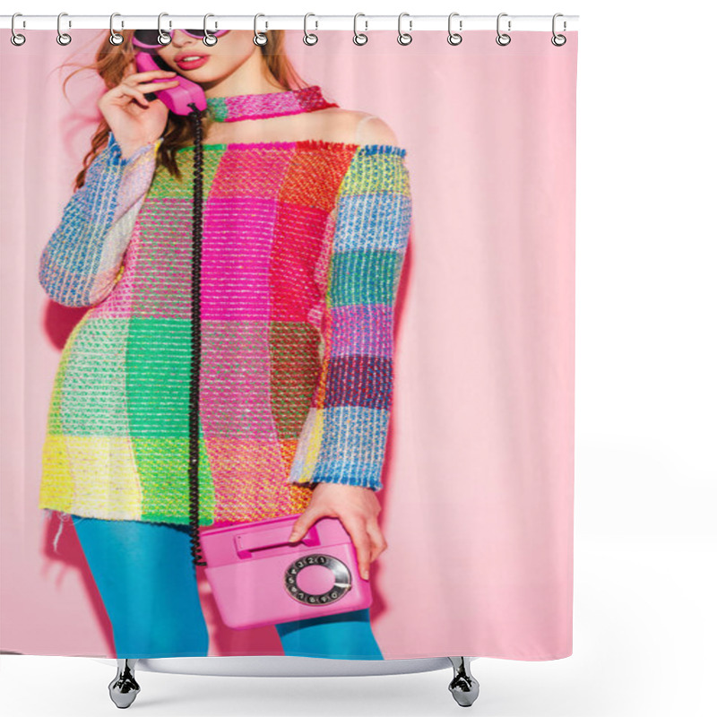 Personality  Cropped View Of Young Woman In Sunglasses And Checkered Dress Talking On Retro Phone On Pink Shower Curtains