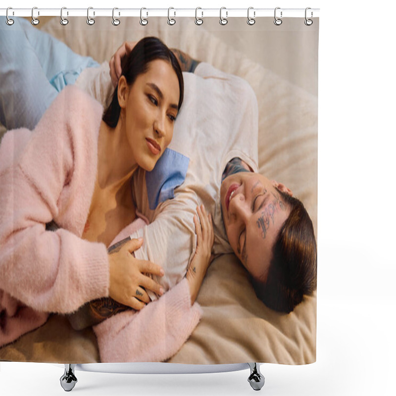 Personality  A Young Couple Cuddles Closely, Sharing Smiles And Warmth In A Relaxing Indoor Setting. Shower Curtains