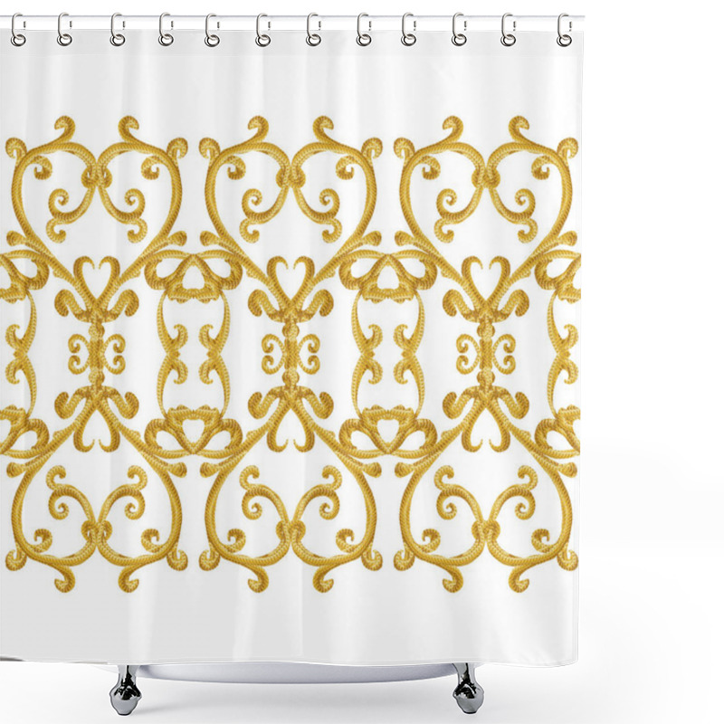 Personality  Seamless Pattern. Golden Textured Curls. Oriental Style Arabesques. Brilliant Lace, Stylized Flowers. Openwork Weaving Delicate, Golden Background. Shower Curtains