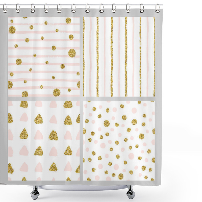 Personality  Set Of 4 Hand Drawn Seamless Patterns In Gold, Pastel Pink. Stripes, Polka Dots, Triangles, Round Brush Stroke Patterns. Shower Curtains