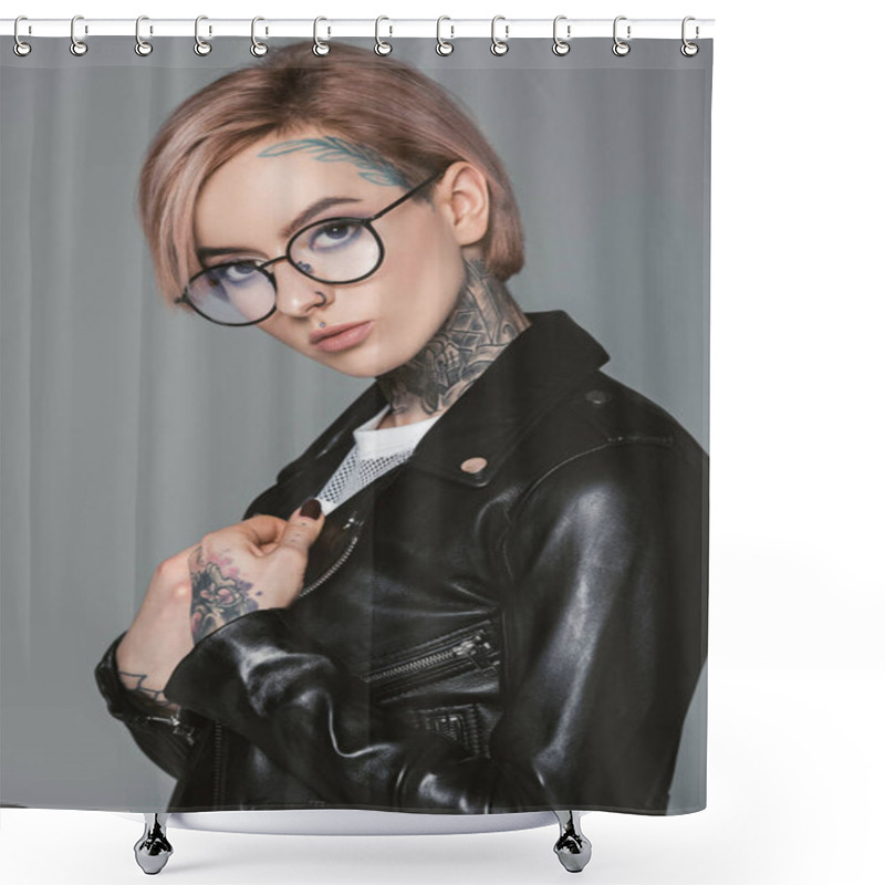 Personality  Beautiful Tattooed Girl In Eyeglasses And Black Leather Jacket, Isolated On Grey Shower Curtains