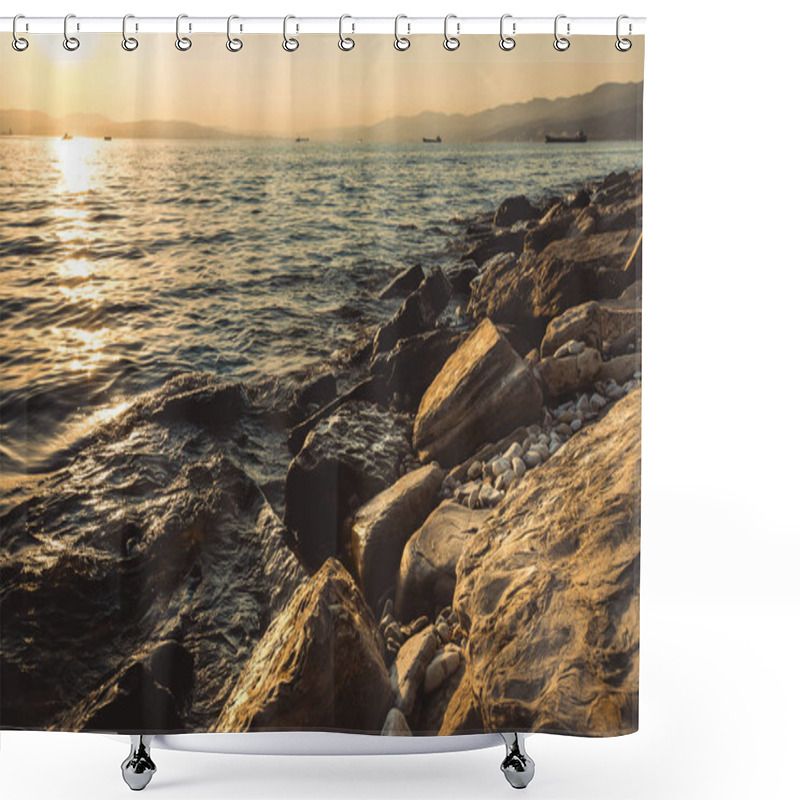 Personality  Stone Sea Shore On Sunset Background Sunny Summer Beach Relaxing Concept Gelendzhik Shower Curtains