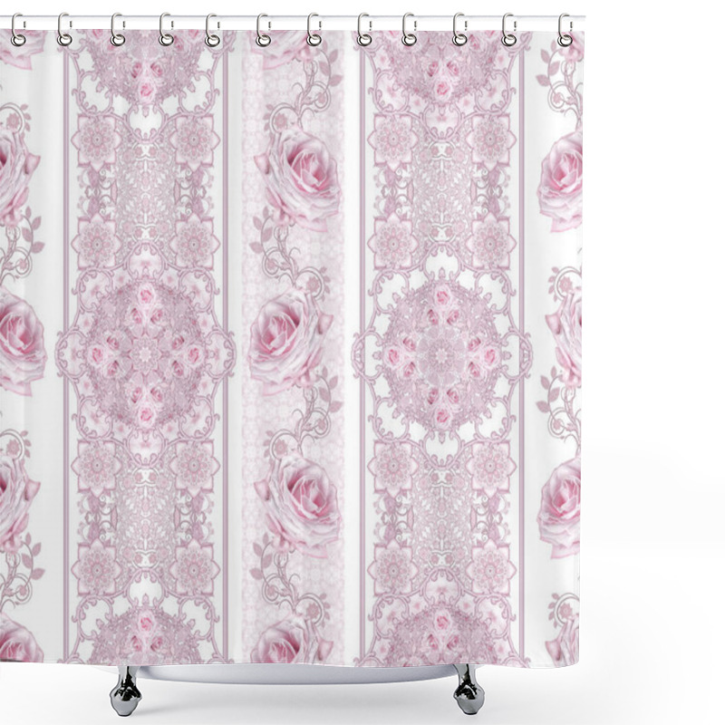 Personality  Seamless Pattern. Decorative Decoration, Paisley Element, Delicate Textured Silver Leaves Made Of Thin Lace And Pearls, Thread Of Beads, Bud Pastel Pink Rose. Openwork Weaving Delicate. Shower Curtains