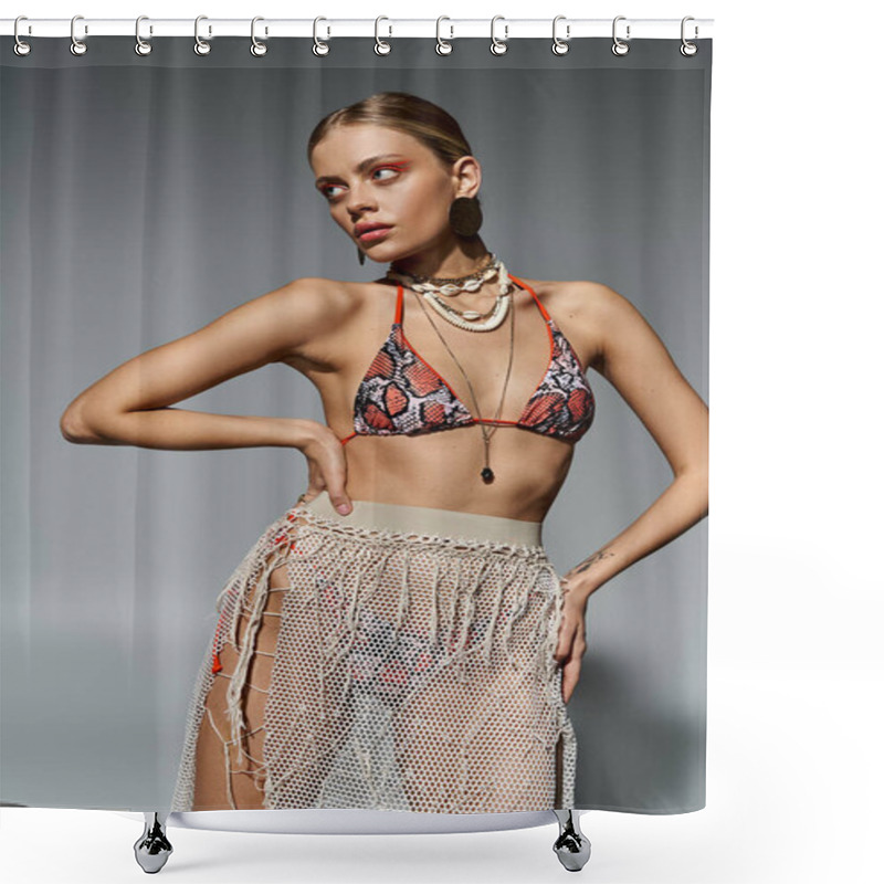 Personality  Blonde Woman In Bikini And Skirt, Striking A Pose. Shower Curtains