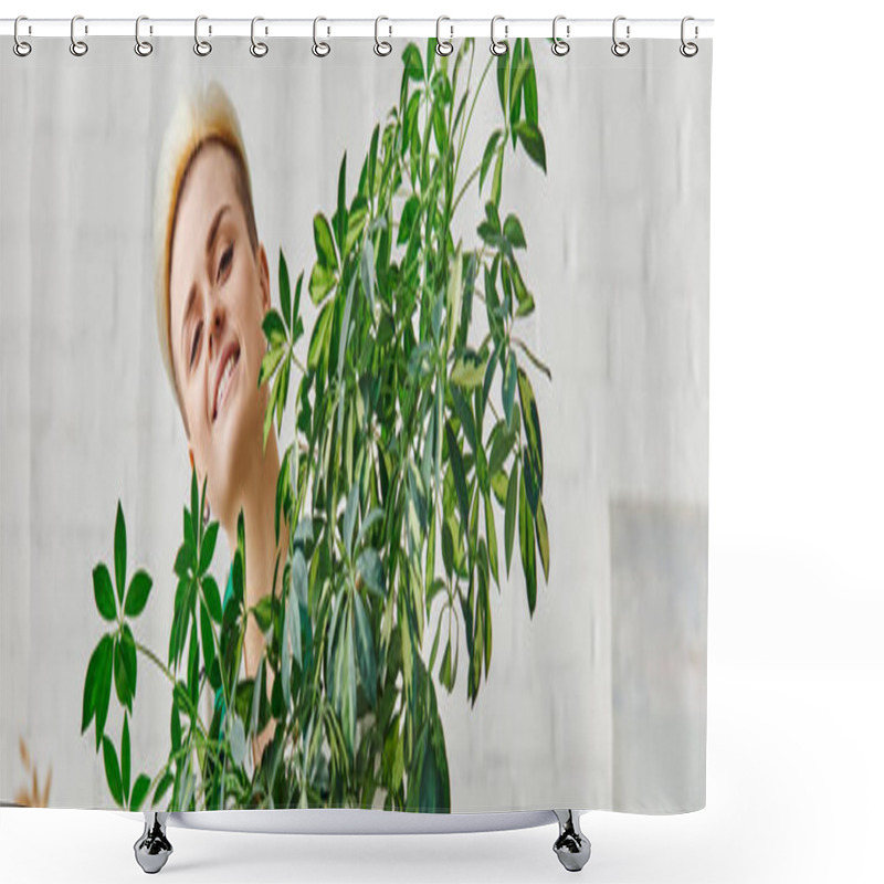 Personality  Portrait Of Young Woman With Happy Smile And Trendy Hairstyle Looking At Camera Near Green Houseplant In Living Room, Indoor Gardening, Sustainable Home Decor And Green Living Concept, Banner Shower Curtains